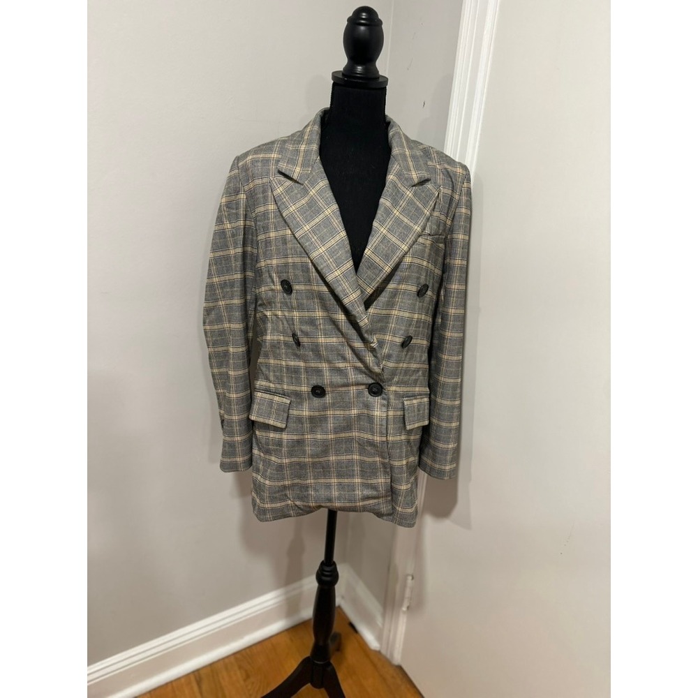 Free People Preppy Academia Plaid Double Breasted Blazer Sz:M Grey Yellow Jacket